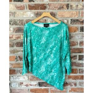 St. John Jade Green Printed Asymmetrical Long Sleeve Knit Shirt Top NWT, M